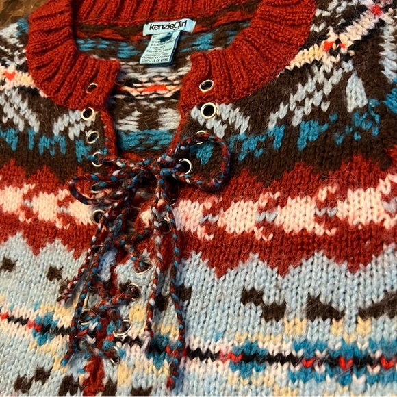 Vintage Kenzie Girl Multicolor Mohair Sweater Pullover Lace Up Size M - Picture 4 of 8